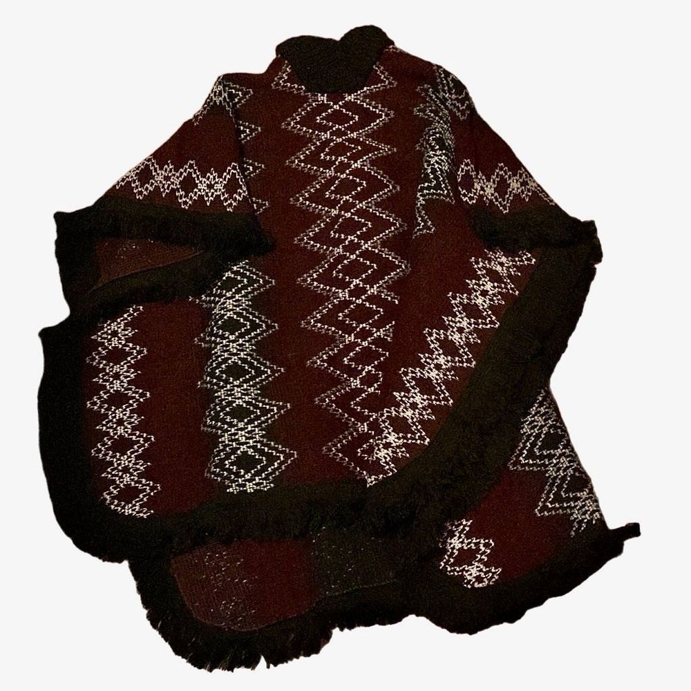 Vintage Bohemian Western Fringe Maroon Black White Poncho Cape Sweater One Size